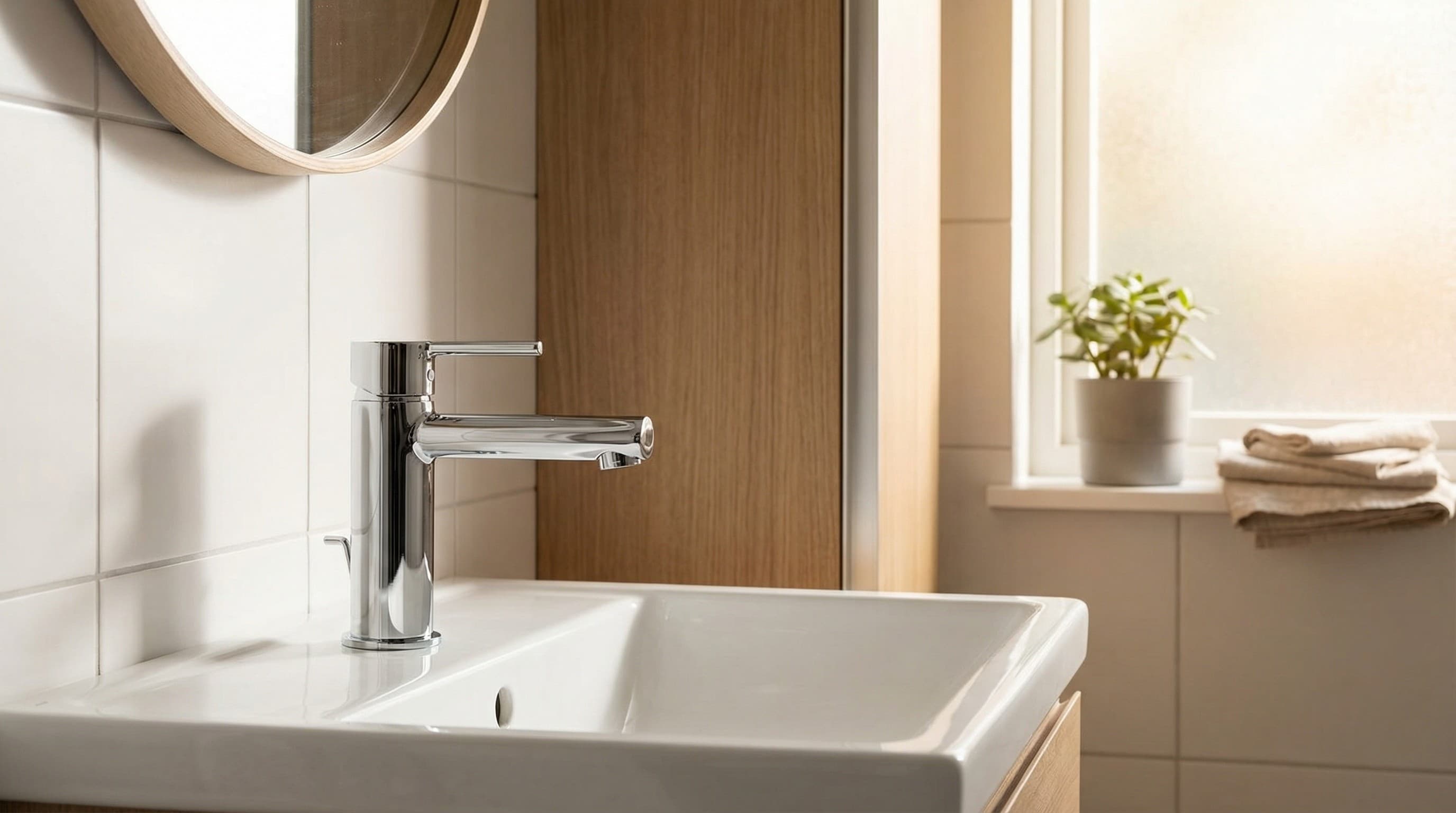 Moderne wastafelkraan in badkamer