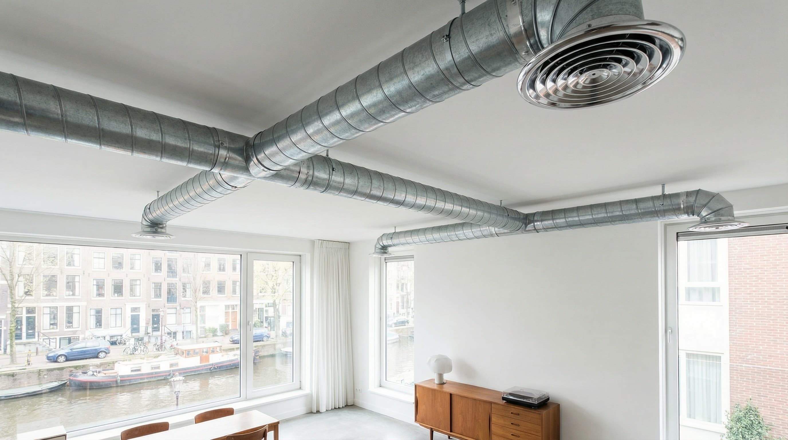 Ventilatierooster en luchtkanalen in plafond